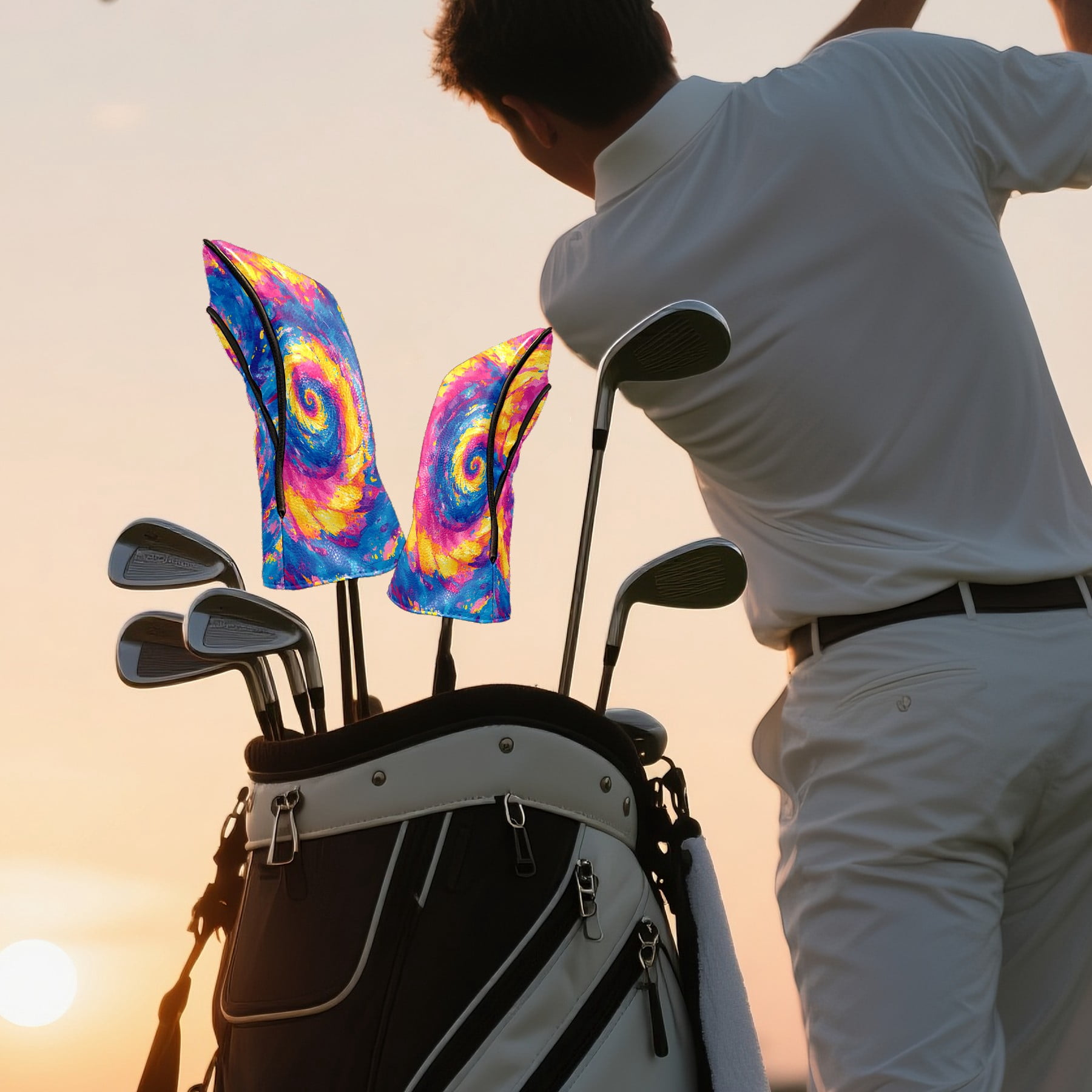 Golf Club Covers, Purple Swirl Premium PU Leather Driver Hybrid Putter Head Covers with Velvet Lining, Waterproof Golf Gifts for Men Women