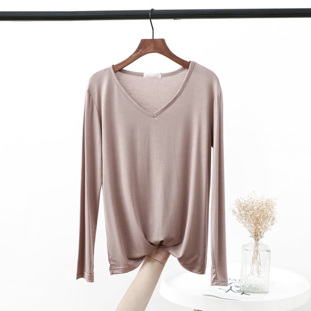 MHFRRA Camiseta de Manga Larga, Holgada, Informal, Básica, Cómoda y Suave, con Cuello Redondo para Uso Diario. Caqui