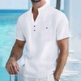 thumbnail image 2 of Taqqpue Cotton Linen Shirt for Men Summer Beach Band Collar Pocket Button Tee Top Casual Short Sleeve Solid Color T Shirt, 2 of 3
