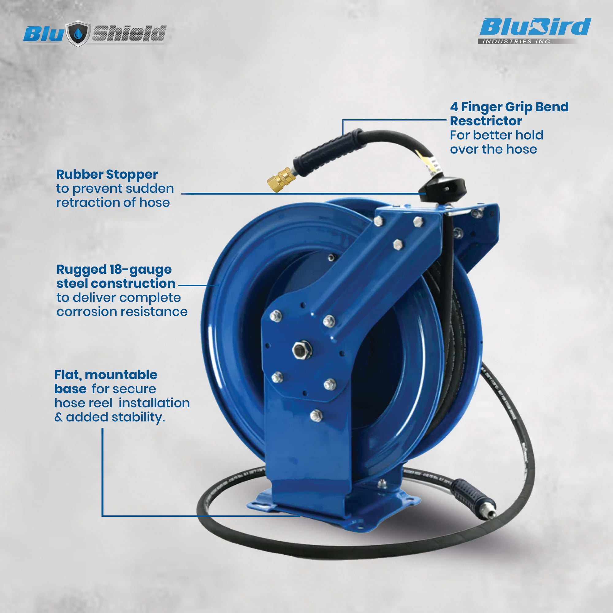 BluShield Pressure Washer Hose Reel with Aramid Braided Hose, 4100 PSi 6' Lead-in Hose, NPT, Lighter, Stronger, Flexible, 1-Year Warranty (3/8" x 50' w/Coupler Plug)