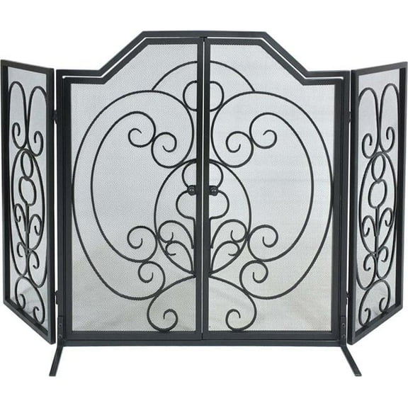 Dagan S169 3 Fold Center Arched Wrought Iron Screen with Doors, Black