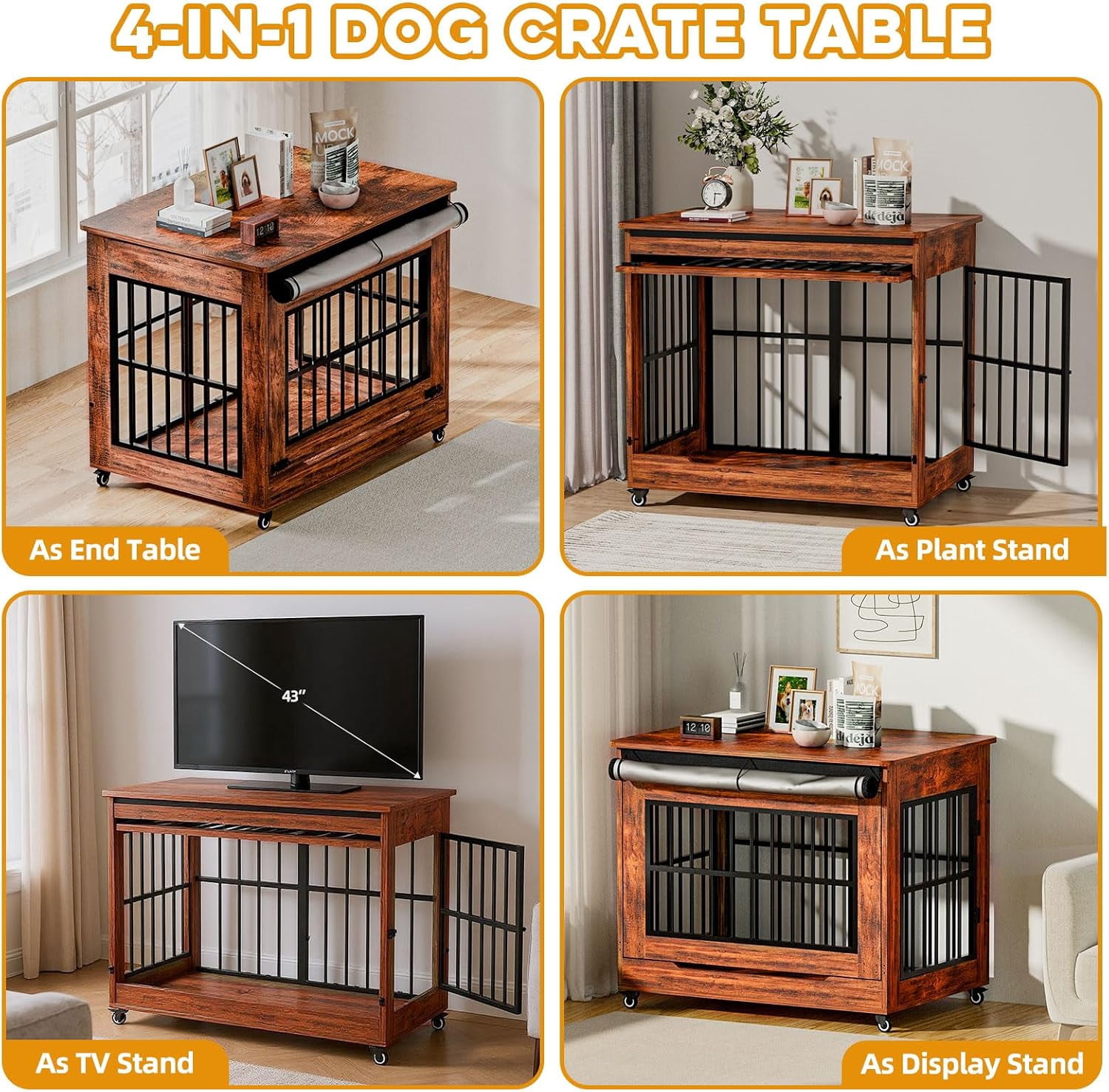 42" Wooden Dog Crate Furniture with Double Door, Lockable Wheels & Blackout Curtain, Decorative Indoor Pet Kennel End Table for Large Breed Dogs, Vintage Brown