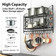 thumbnail image 2 of 35 Inch Pot Rack Wall Mounted, 2 Tier Pots and Pans Organizer with 20 Hooks and 6 Pot Lid Holders, Heavy Duty Steel Pot and Pan Hanger for Kitchen Cookware Utensils Storage 34.7" Lx13 Wx26.4 H, 2 of 13