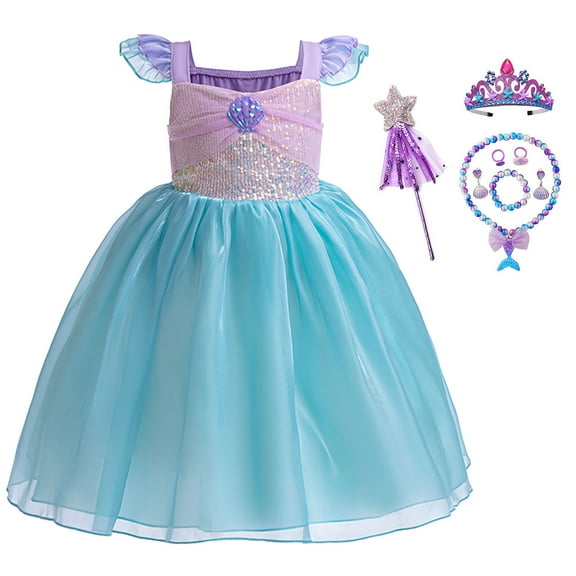 Girls Princess Ariel Costume w/Accessories Female Halloween Dress up, Size for Little Girls 2-8Y