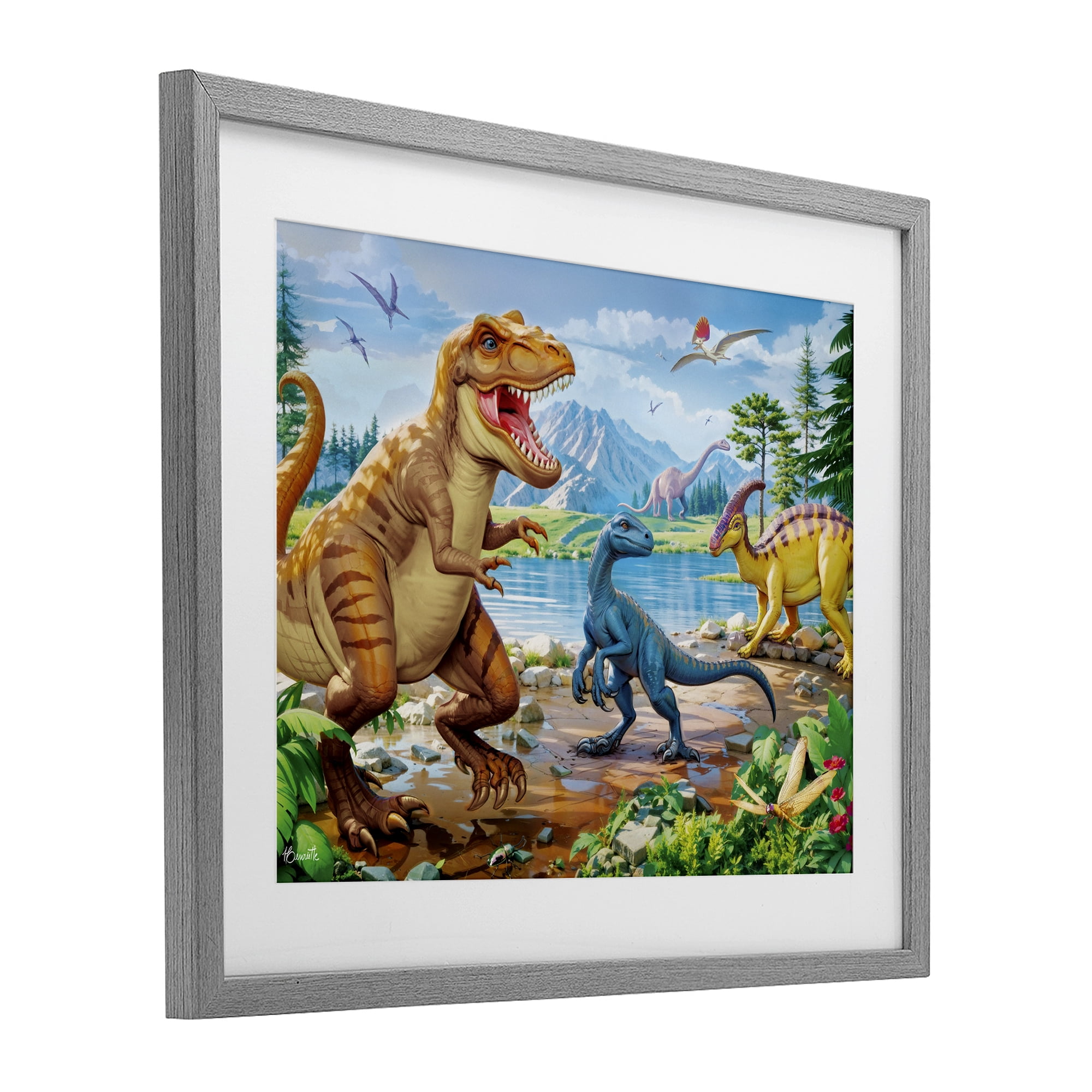Stupell Industries Lush Jurassic Lakeside Gray Framed Print Under Glass, design by Henriette Chinaglia