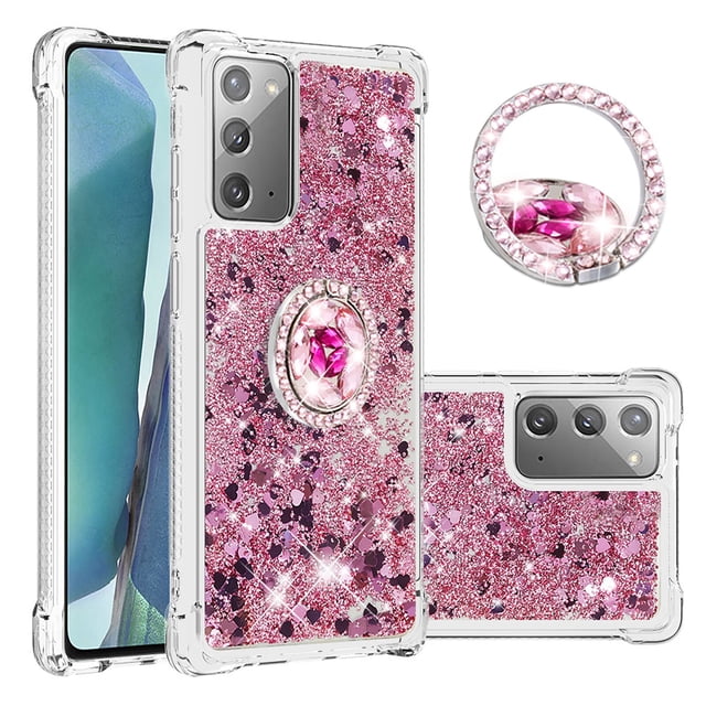 Funda para Samsung Galaxy Note 20 5G con Brillo Líquido Flotante, Purpurina, Parachoques y Anillo Giratorio Soporte