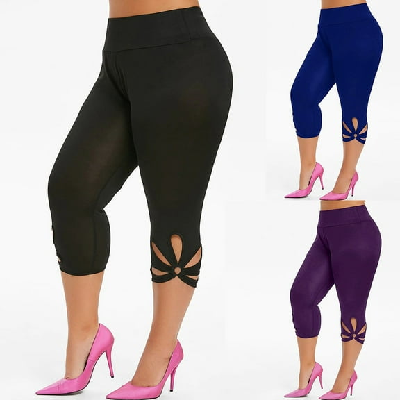 Fartey Capri Leggings for Women Plus Size Yoga Pants Tummy Control High Waist Pants Hollow Out Knee Length Capris Soft Stretchy Workout Leggings Purple L