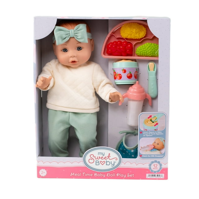 My Sweet Baby Meal Time Baby Doll Play Set, Ivory and Sage Outfit, 14-inch Doll, 12 Pieces Included