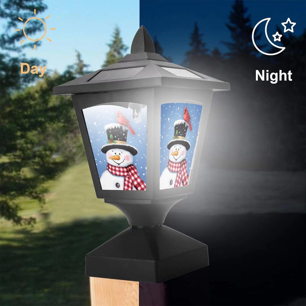 Solar Post Lights Outdoor, 2 Pack, Wood Fence Posts, Pathway, Deck, Halloween/Thanksgiving/Christmas Decoration (Three Snowman)