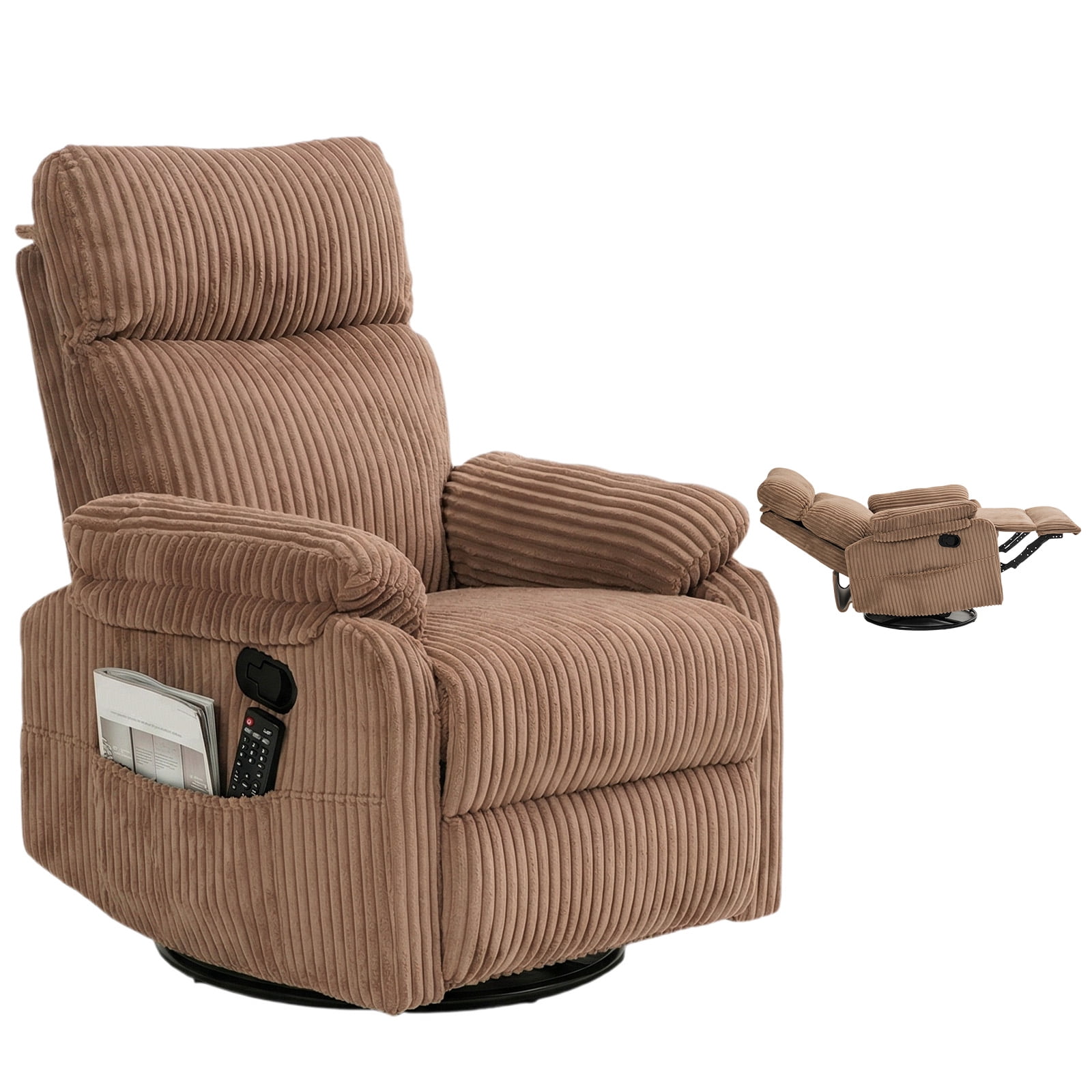 Leumius Swivel Recliner Chair,360° Swivel Rocker Chair for Living Room,Upholstered Nursery Glider Recliner Chair for Small Spaces,Manual Recliner for Adults for Home Theater,Brown
