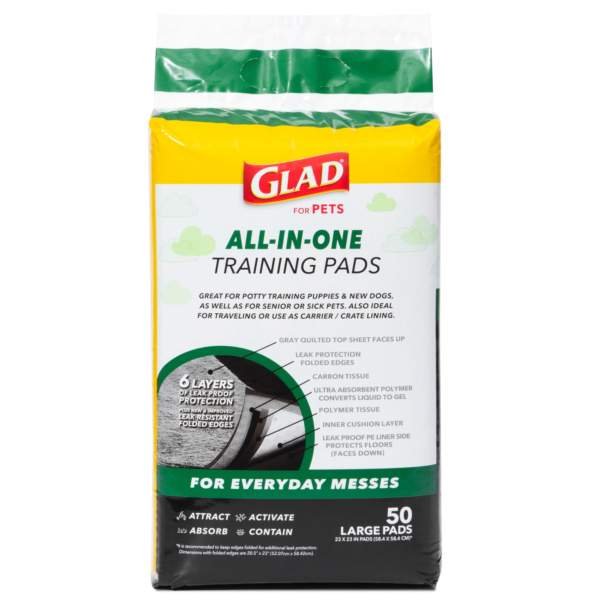 (3 pack) Glad Activated Charcoal Leak-Resistant Training Pads for Dogs, 23in x 23in, 50 Count