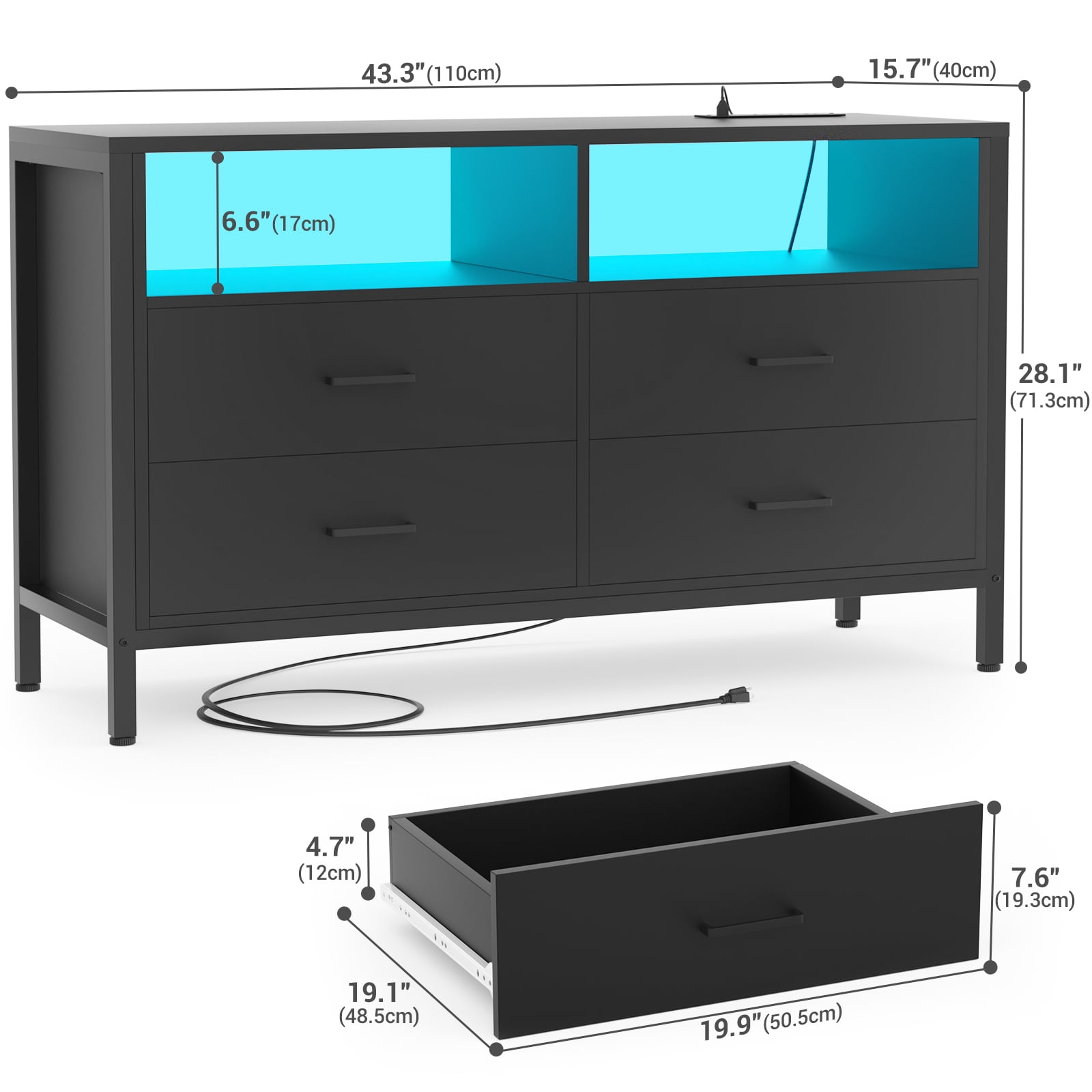 Homieasy Dresser for Bedroom, 4 Drawer Dresser with LED Lights and Charging Station, Wood Dresser, Wide Chest of Drawer Storage Organizer, Dresser TV Stand for Living Room, Closet, Entryway, Black