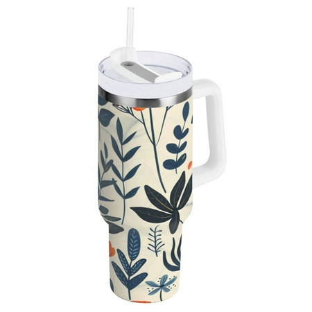 

40 Oz Car Handle Water Cup 10.8x3.85 Inch Stainless Steel Water Cup With Handle Water Cup Car Water Cup Travel Coffee Cup Blue-green Leaves