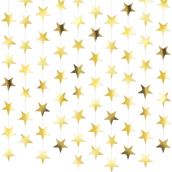 Ayieyill Glittering Gold Star Garland, 130FT Hanging Stars Banner, Star Backdrop, Perfect for Christmas Decorations, Halloween and Graduation Season
