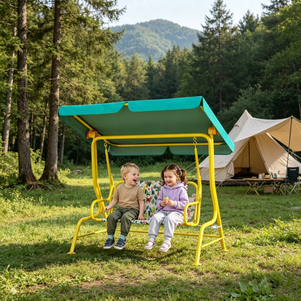 Green & White Kids Swing Chair with Jungle Animal Pattern, Heavy-Duty Steel Frame, 90° Adjustable Canopy, 132lbs Capacity for 3-6 Years Old (Outdoor/Indoor)