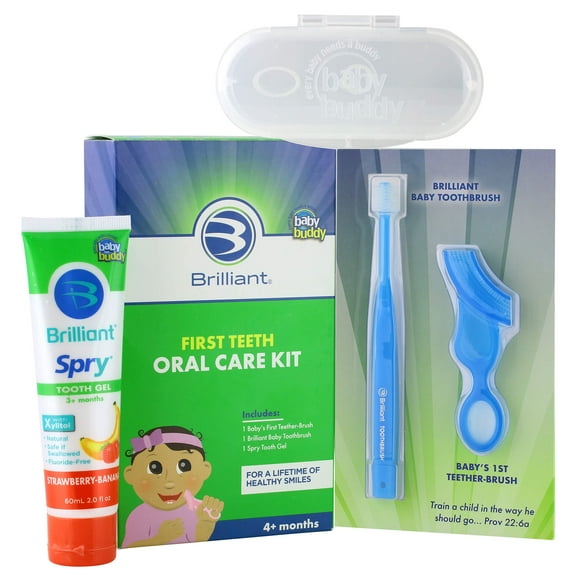Brilliant First Teeth Oral Care Kit - Chewing Brush, Baby Soft Toothbrush, Xylitol Gel, Blue, 4  Mos
