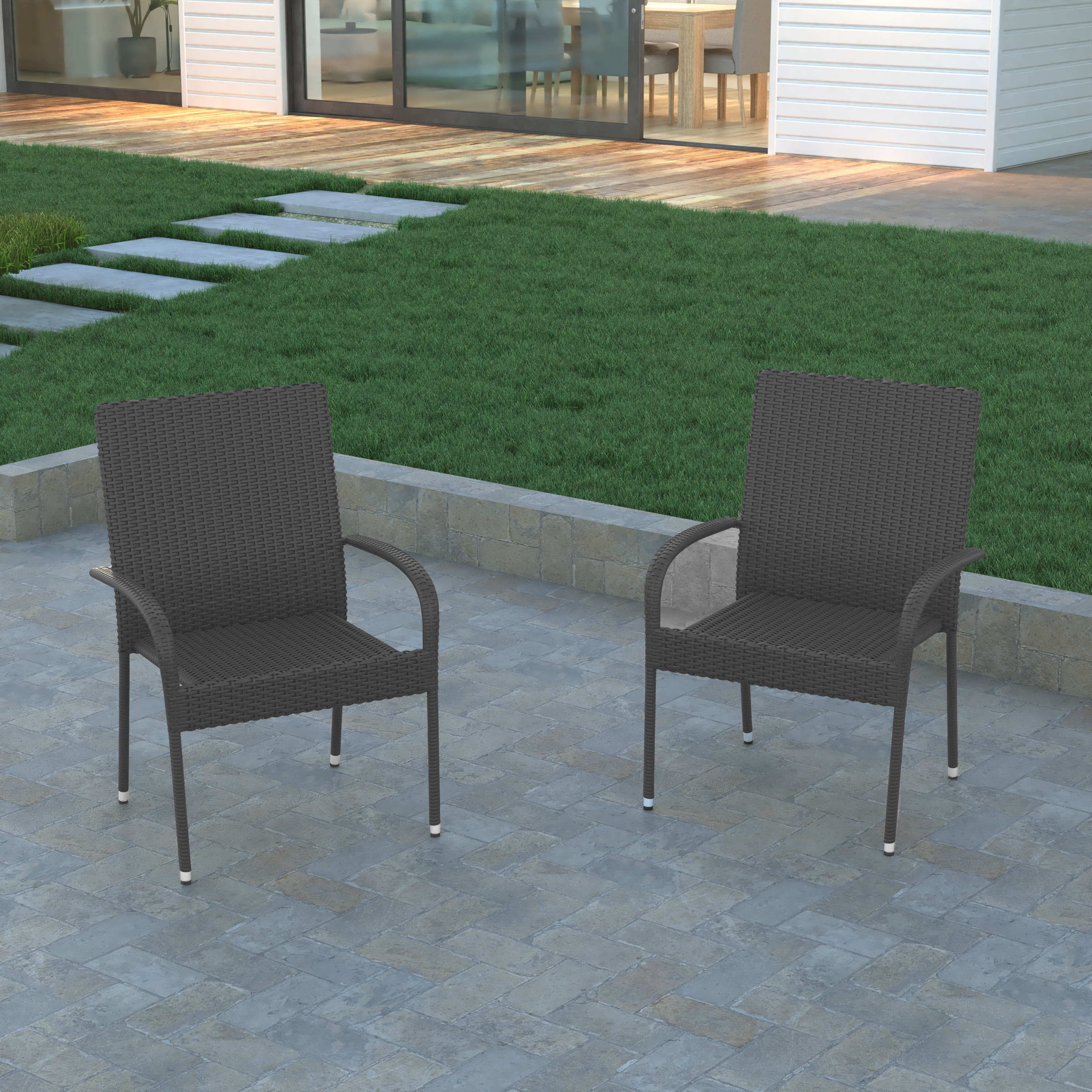 Emma + Oliver Stacking All-Weather Gray Wicker Wrapped Powder Coated Steel Patio Club Chair for Indoor and Outdoor Use - Set of 2