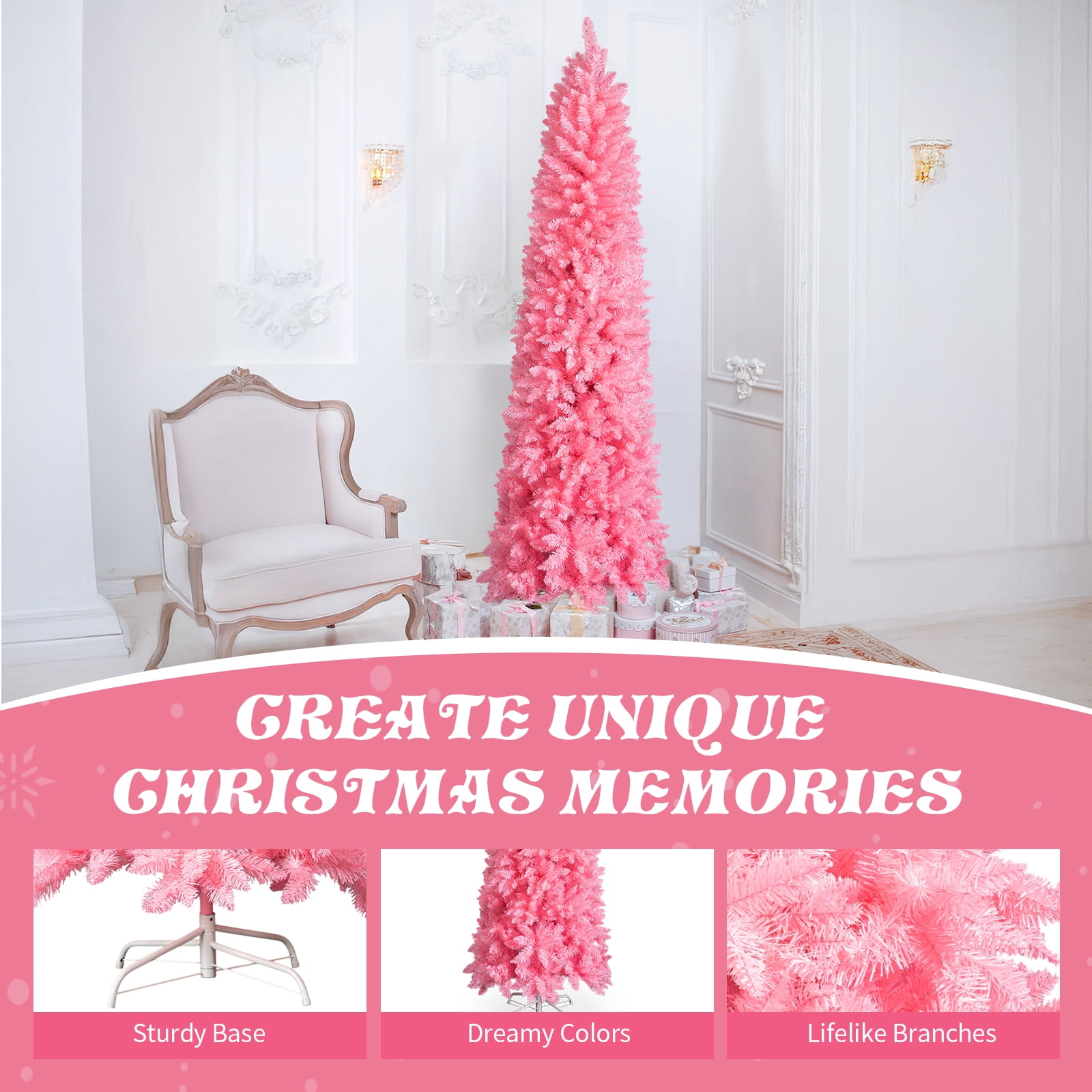 Astoutdoor 7.5 ft Hinged Artificial Pencil Christmas Tree, Snowy Pink, 1075 Branch Tips, Unlit, with Sturdy Stand