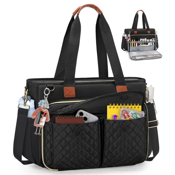 RAINSMORE Teacher Tote Bag for Women 15.6-Inch Laptop Tote Bag Large Capacity Work/Nurse Bag with Cup Holder Waterproof Handbag for School Office Business,Black