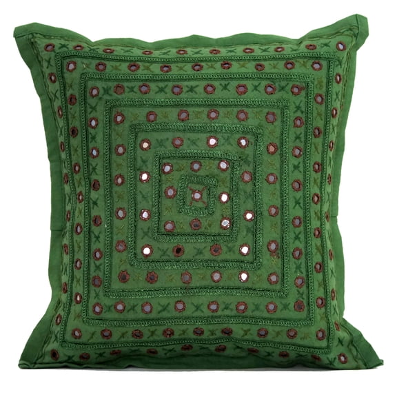 DK Homewares Indian Decorative Toss Throw Pillow Cover 16x16 Inch Cotton MIrrored Embroidered Bohemian Square Accent Cushion Cover (Size - 40x40 cm ; Color: Dark Green ) - 1 Pcs (Cover Only)
