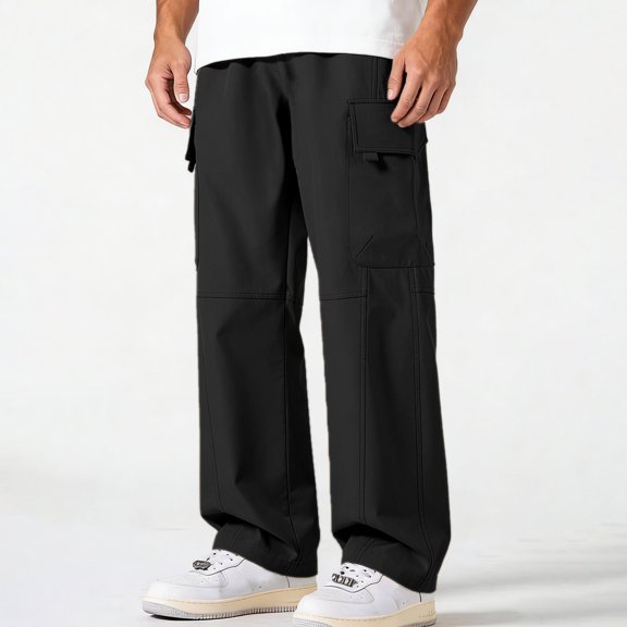 Men’s Multi Pocket Straight Cargo Pants Drawstring Stretch Loose Casual Outdoor Polyester Trousers S-XL 1 Pack