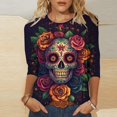 thumbnail image 1 of Haut pour Femme Imprimé Jour des Morts Manches 3/4 Col Rond Ample pour Chemise Décontractée à Manches Longues, Jour des Morts, 1 of 5