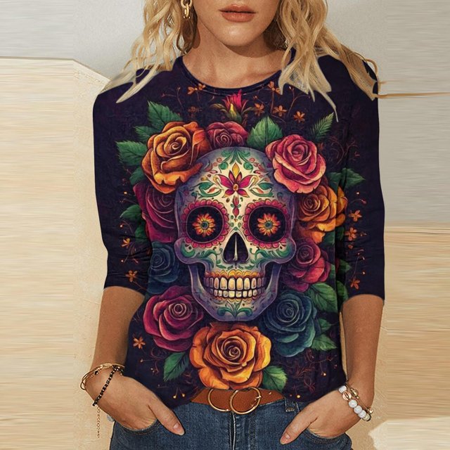 Haut pour Femme Imprimé Jour des Morts Manches 3/4 Col Rond Ample pour Chemise Décontractée à Manches Longues, Jour des Morts