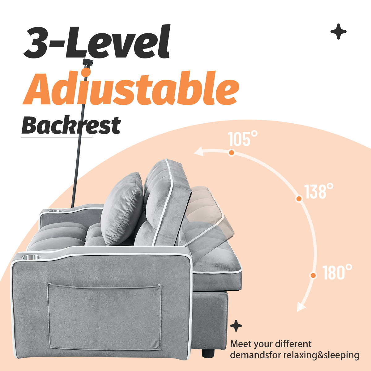 Gewnee 37.2''Convertible Sofa Bed with USB and Phone Holder,2 Cup Holders and 3 Adjustable Backrest,Suitable for Living Room,Apartment and Office.Light Grey