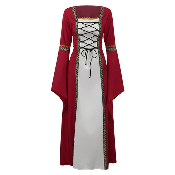 Women Vintage Gothic Dress Lace-up Medieval Celtic Long Sleeves Plus Size  Costume Casual Long Dress 