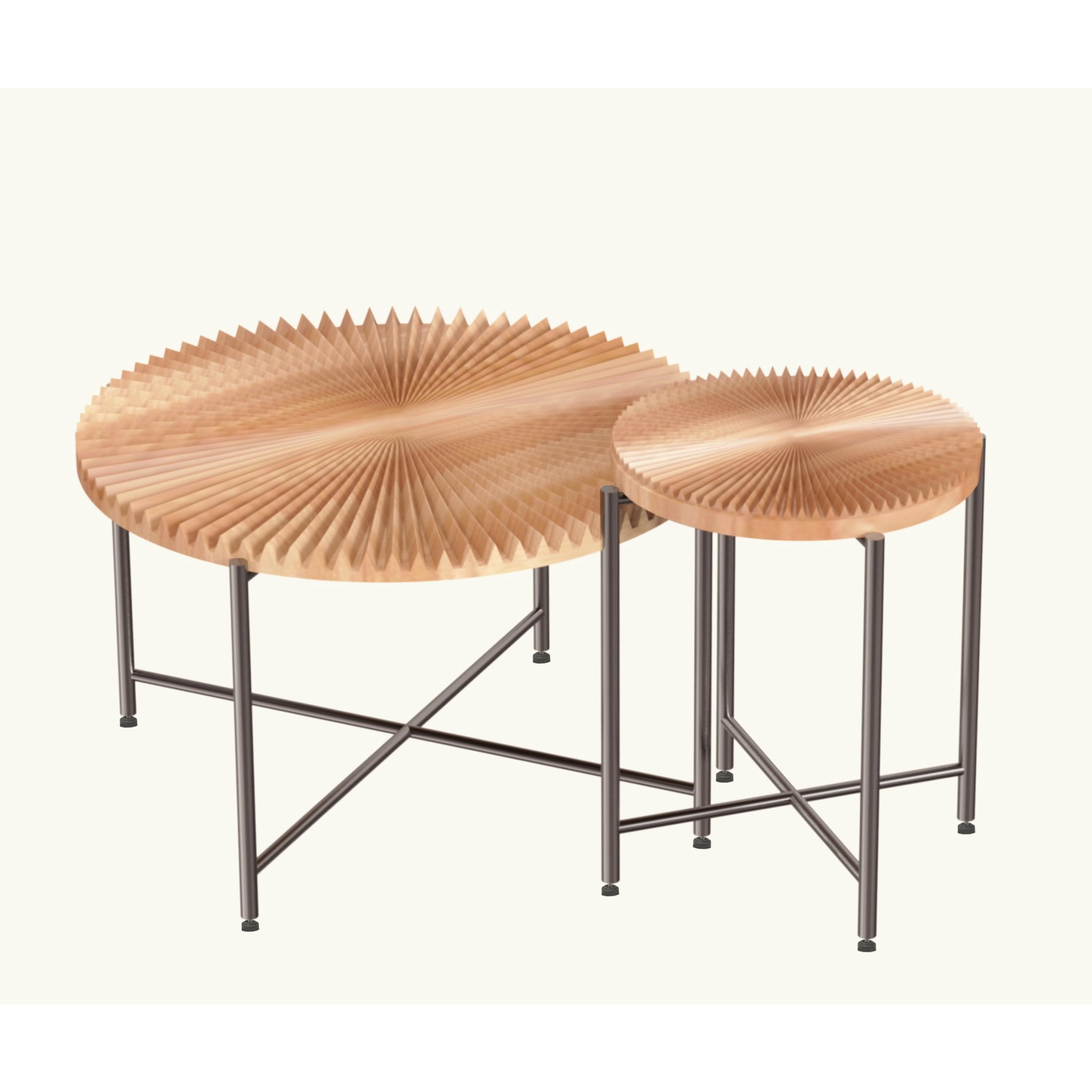 GDF Studio 2-Piece Rustic Coffee and End Table Set, Radial Pattern Tabletops, Black Metal Legs, Brown