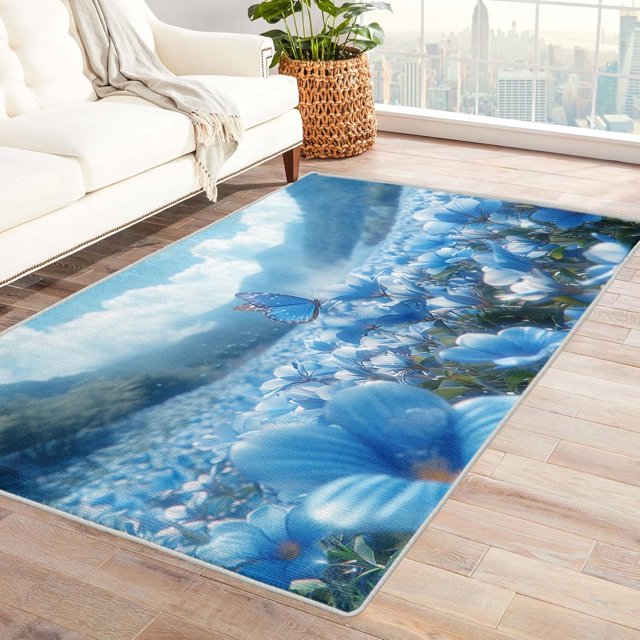 Butterfly Rugs for Living Room Bedroom - Flower Rug 6x9 - Blue Carpet for Home Decor - Washable Non Slip Patterned Indoor Large Area Rug - Soft & Low Pile (ZN&745)