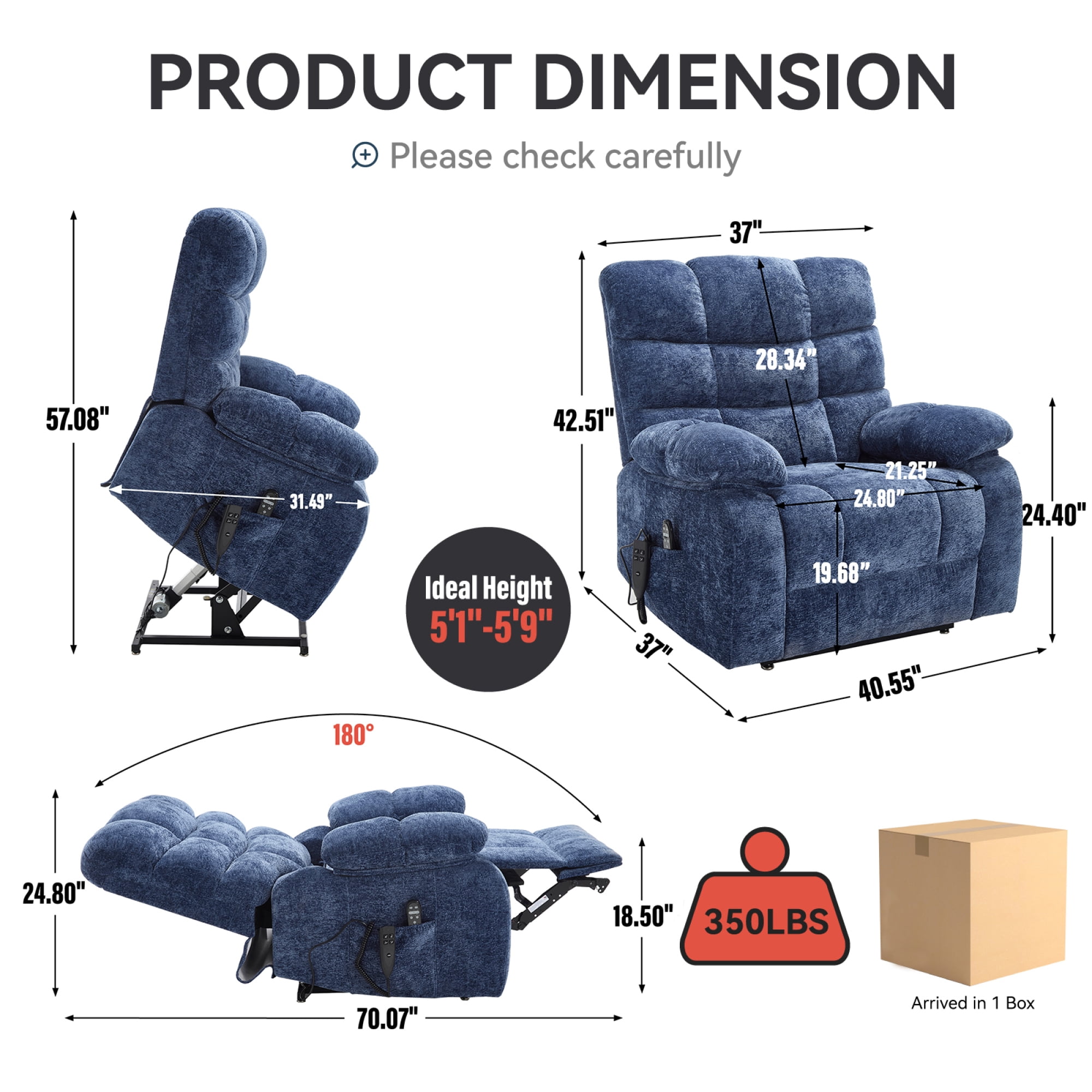 Leumius Large Power Lift Recliner Chair for Elderly,Heavy Duty Chenille Recliners with Massage and Heating for Living Room,Navy Blue
