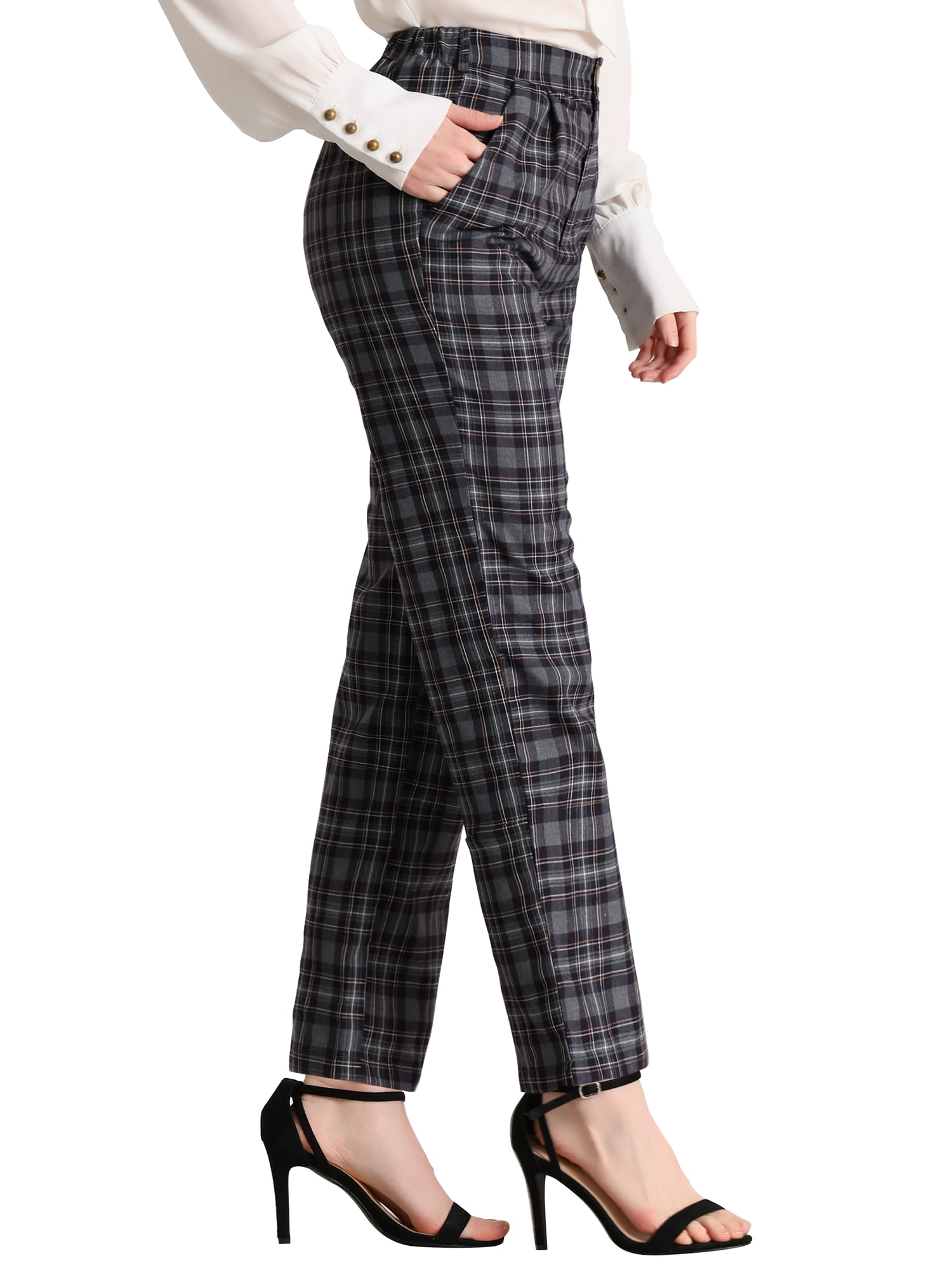 DARING DIVA Women's Plaid Trousers Pockets Straight Leg Casual Pant S dark Gray Black