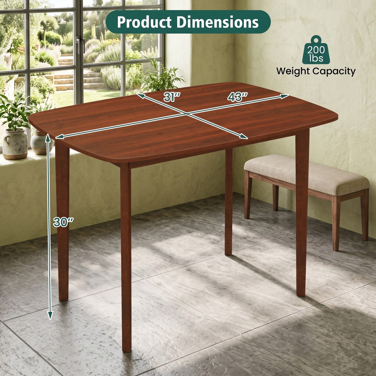 Furnibear Wooden Dining Table for 2-4 People, Rectangular Kitchen Table with Rubber Wood Legs, Space-Saving Dinner Table for Small Apartment, Kitchen, Dining, Walnut