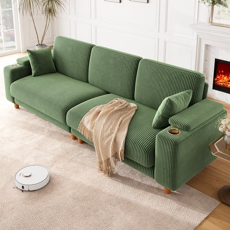 101" Sofa Couch for Living Room,24" Extra Deep Seat Corduroy Sofa,Wide Storage Armchair,Comfy Upholstered Oversized Loveseat with Cup Holder,2 Pillows,Green