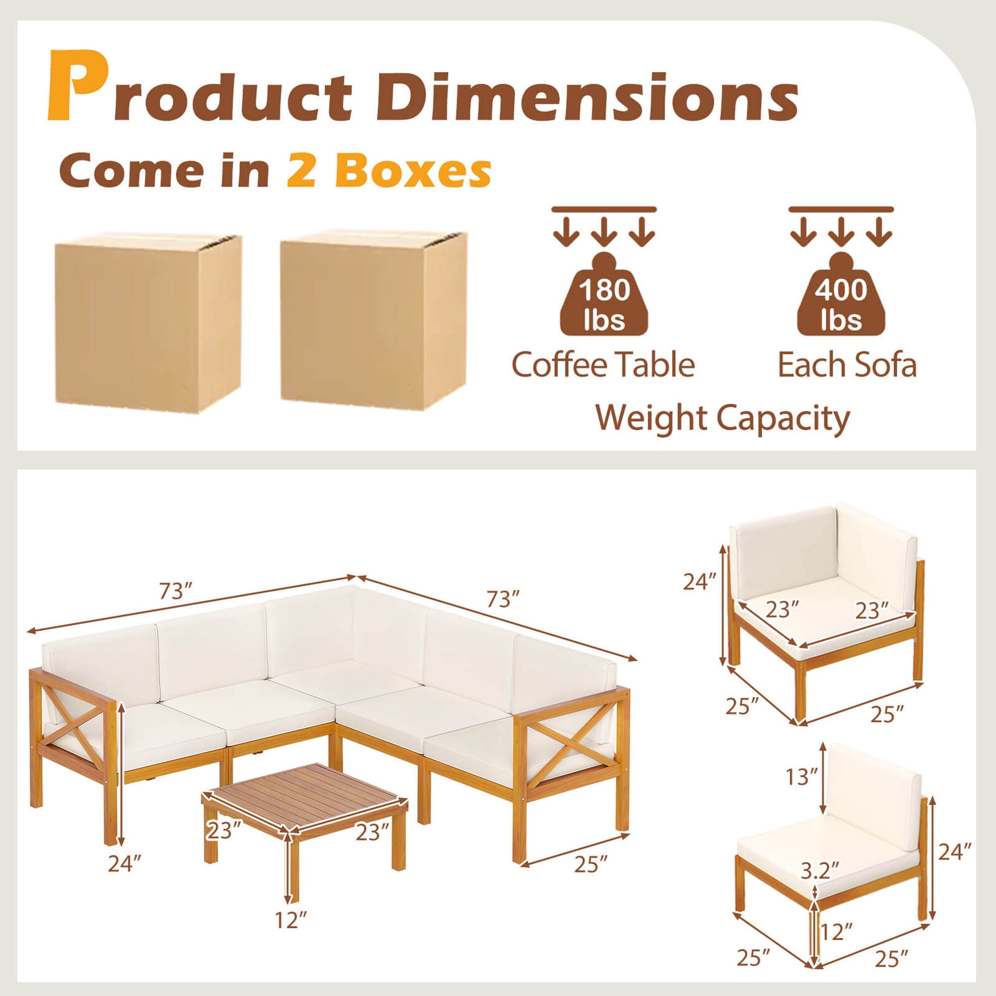 Costway 6 PCS Acacia Wood Patio Furniture Set with Cushions and Coffee Table for Garden