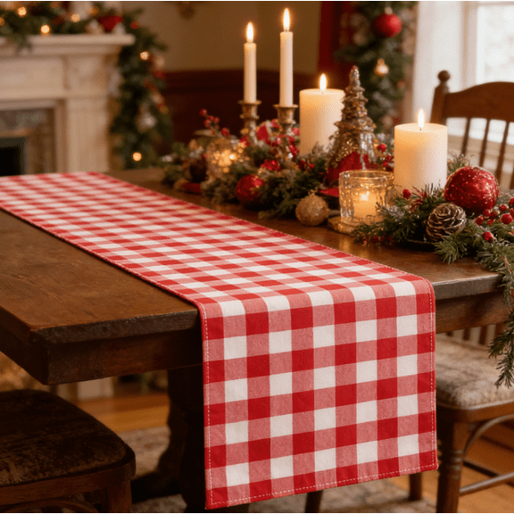 Red White Checkered Table Runner, Flax Dining Table Runner for Farmhouse Kitchen Table Decor, Holiday Party and Seasonal Centerpiece, 13 x 72 inch