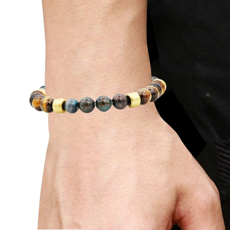 Mens Genuine Blue Crazy Lace And Tiger Eye Gold Plated Stainless