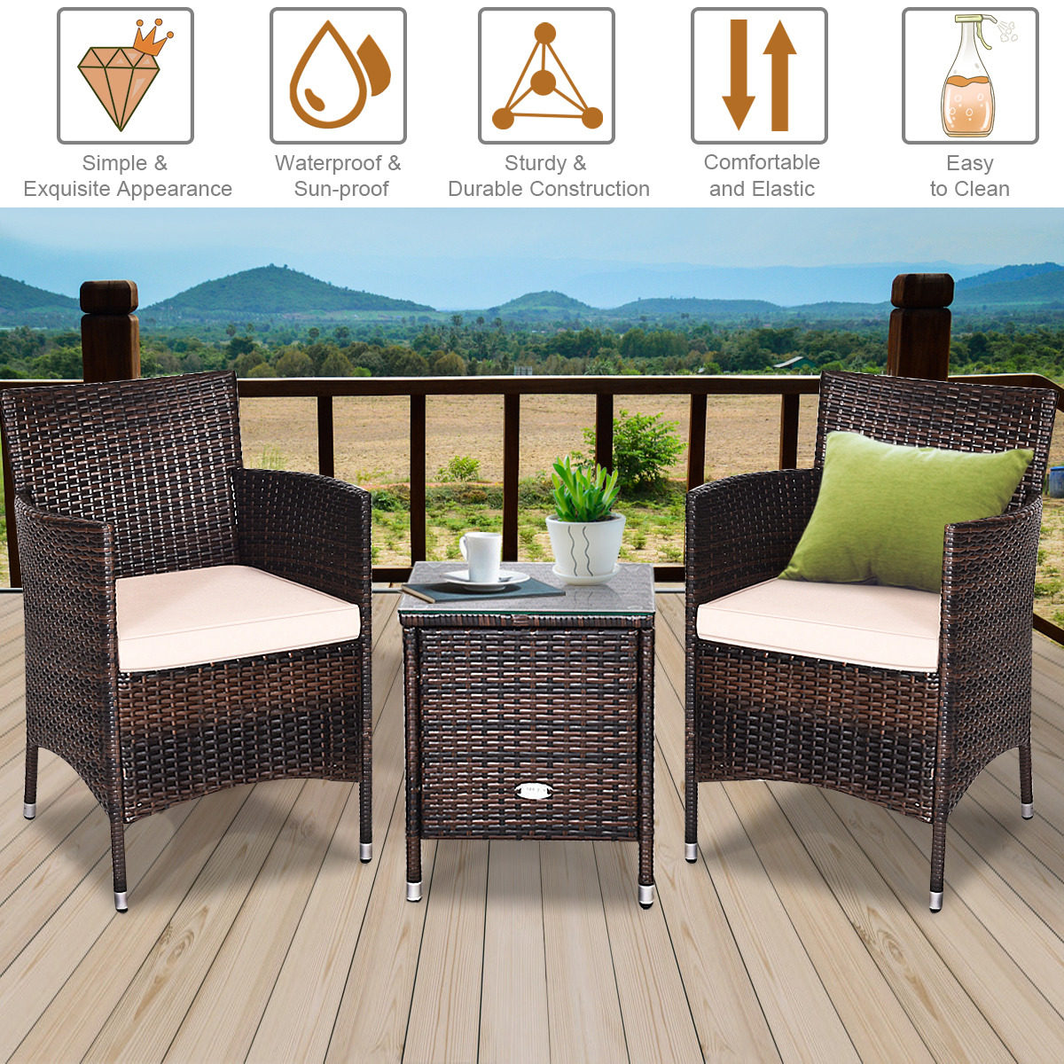 Gymax 3PCS Patio Rattan Chair & Table Furniture Set Outdoor w/ Beige Cushion - image 6 of 10