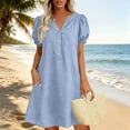 thumbnail image 4 of Lenago Summer Dresses Women Fashion Casual V-Neck Linen Pockets Dress Solid Short Sleeve Dress Light Blue Xxl, 4 of 5