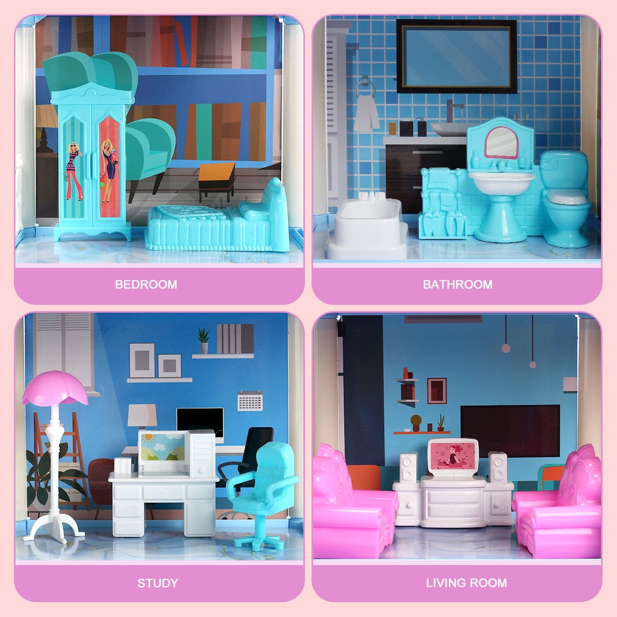 JoyStone Dollhouse with Colorful Light, Pretend Play 14 Rooms DIY  Dreamhouse, Kids Doll House with 2 Dolls, Creative Gift for Girls, Blue