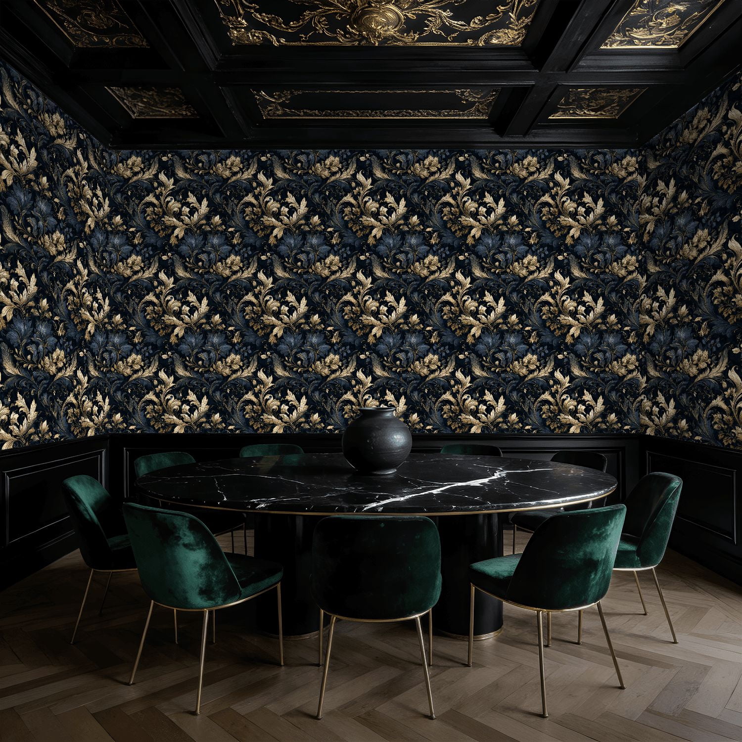 Baroque Peel and Stick Wallpaper Elegant Baroque Floral Damask Design Deep Navy Gold Wall Mural 17.7in x 9.8ft Self Adhesive Removable Wall Paper Renter Friendly Wallpaper for Bedroom Livingroom Men
