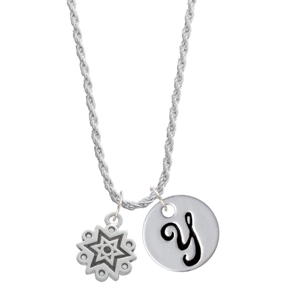 Delight Jewelry Silvertone Antiqued Snowflake Silvertone Script Initial Disc - Y - Charm Necklace, 20"+3"