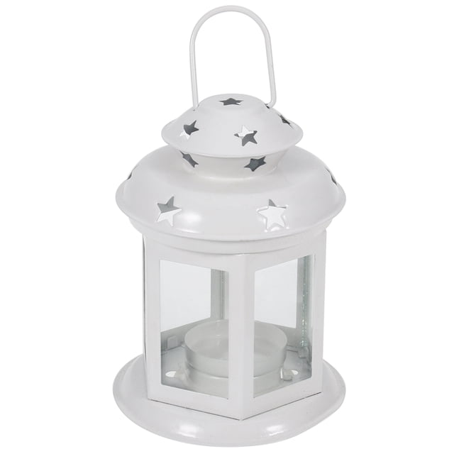 EeaseMX Candelabro portátil de hierro forjado hueco, lámpara de viento, farol de hierro para decoración de mesa de fiesta y hogar (blanco)