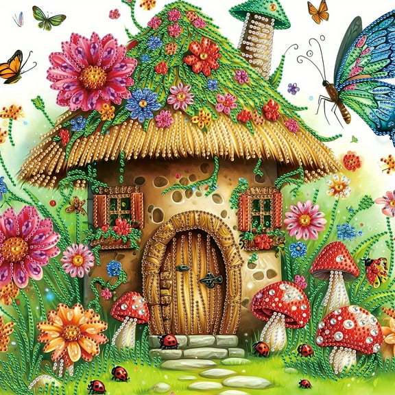 5D DIY Diamond Painting Kit, Mushroom House Pattern Home Decor Handicraft, Complete Tool Kit Included, 15.7x15.7in
