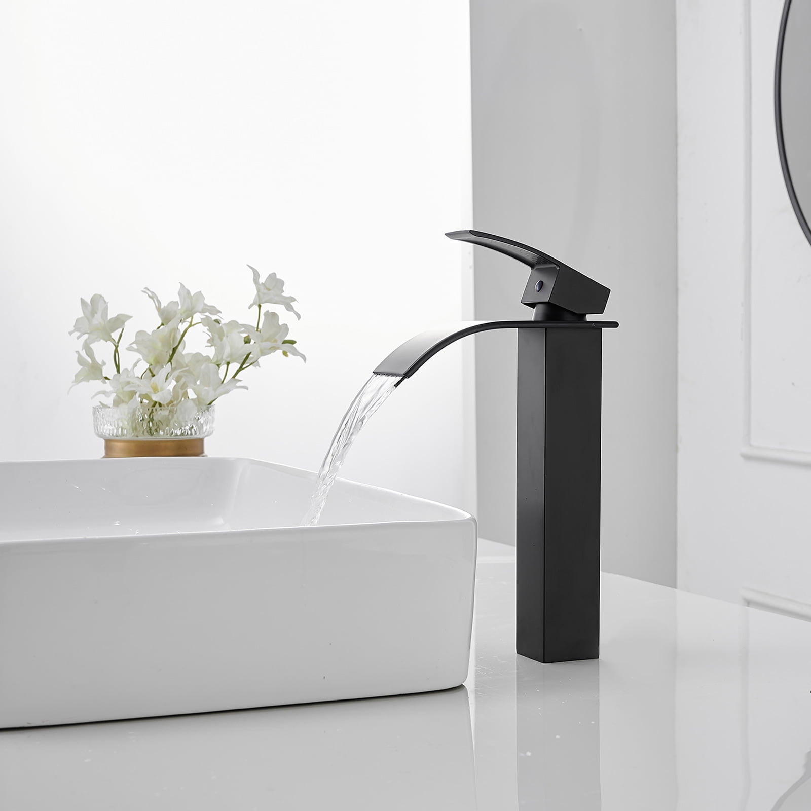 BWE Vessel Sink Faucet Modern Waterfall Matte Black Single Hole Bathroom Faucet Single Handle with Pop up Drain Without Overflow Assembly Vanity Basin Bath Sink Faucets Mixer Tap