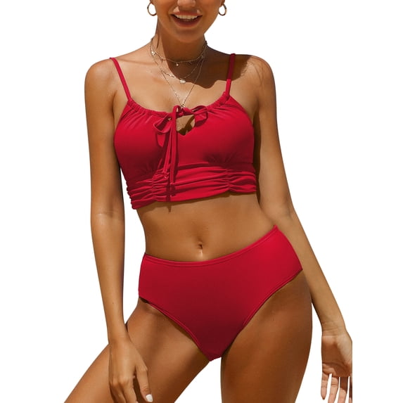Women Middle Waisted Bikini Set Bandaged Rushed Swimsuits Sexy Two Piece Swimwear