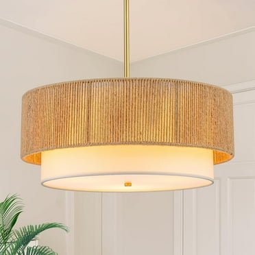 18'' Farmhouse Rattan Chandeliers for Dining Room,3-Light Boho Light Fixtures Rattan Pendant Light Fixture with Fabric Shade Drum Chandeliers for Bedroom Dining Room Foyer Kitchen Hallway
