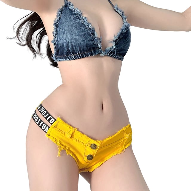 YDLCAFD Women's Summer Pure Sex Club Super Short High Street Hottie Sexy Letter Ripped Denim Shorts L