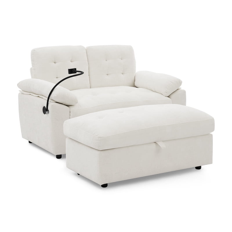 Double Sofa Recliner with Storage Ottoman, Manual Adjustable Reclining Loveseat with USB Charging Port, Phone Stand, and Soft Padded Armrests for Living Room, Apartment, and Home Theater